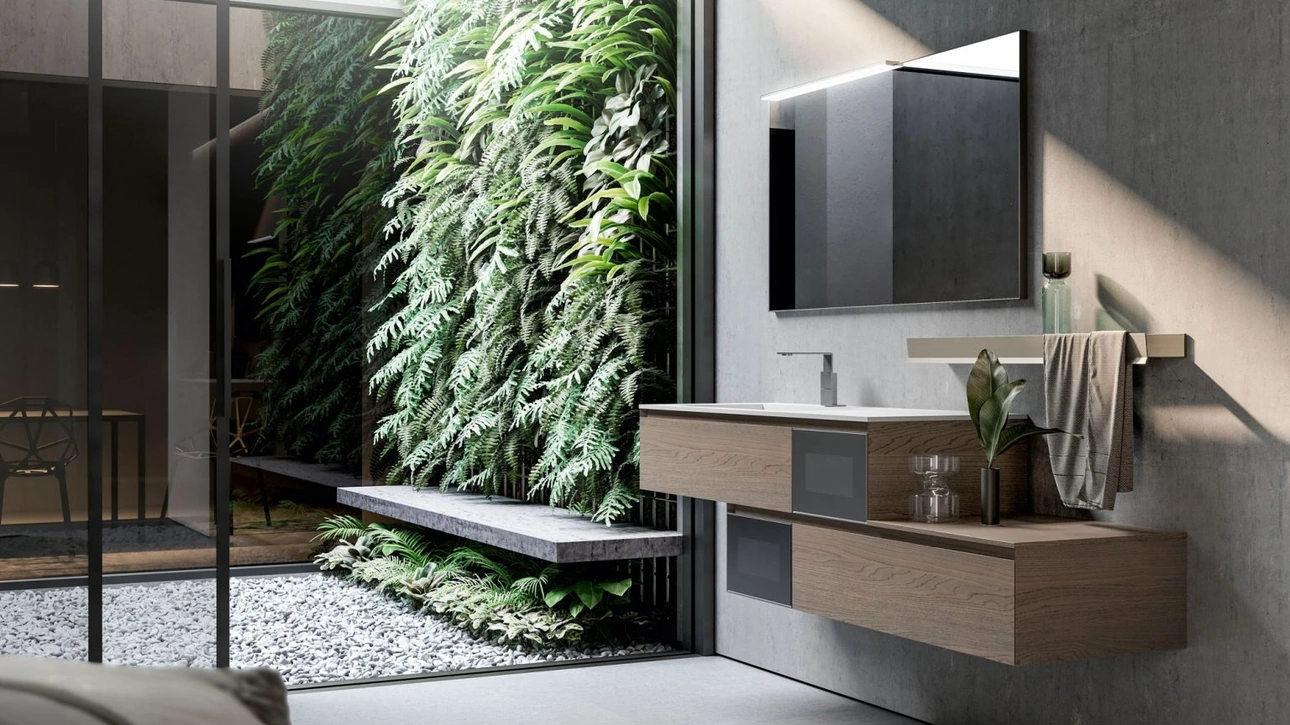 Mobile da Bagno sospeso in Castagno light grey e vetro acidato con profilo in alluminio inox Cubik 12 di Ideagroup