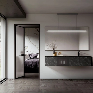 Mobile da Bagno sospeso con base in Hpl Impero e frontali in alluminio nero e vetro acidato Cubik 11 di Ideagroup