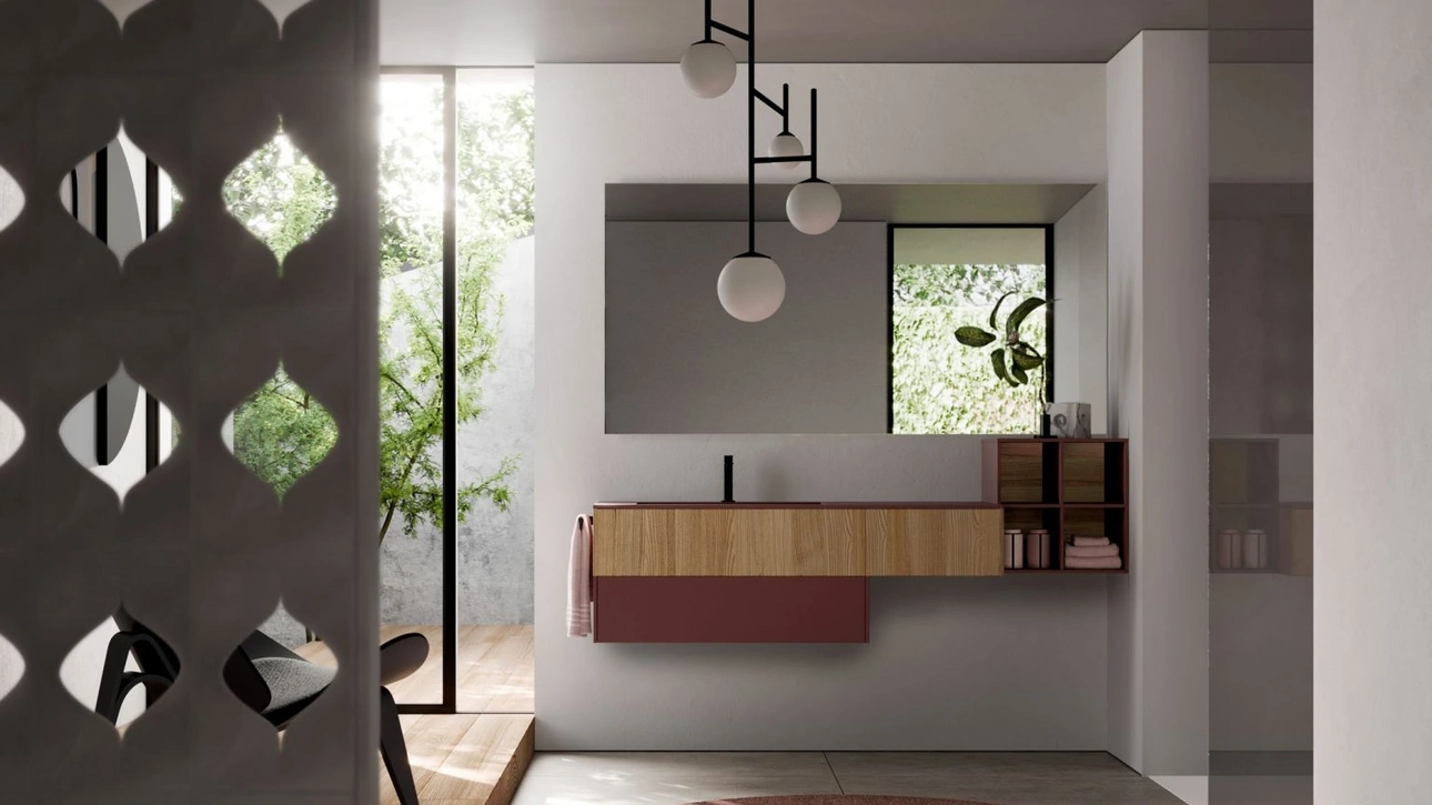Mobile da Bagno sospeso in Teak sabbiato naturale e Fenix rosso jaipur Sense 11 di Ideagroup