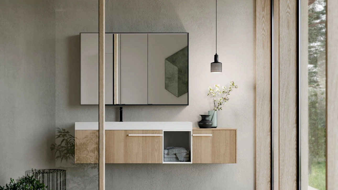 Mobile da Bagno sospeso in Teak sabbiato marmotta e laccato bianco Sense 06 di Ideagroup