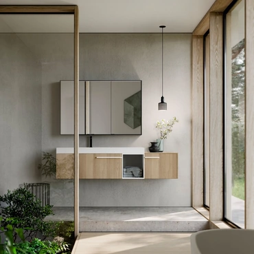 Mobile da Bagno sospeso in Teak sabbiato marmotta e laccato bianco Sense 06 di Ideagroup