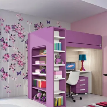 Cameretta a soppalco per Ragazze 931 in laccato opaco viola e bianco di Ferrimobili