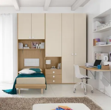 Cameretta con ponte e colonna armadio con letto inserito con caduta rallentata Salvaspazio Basic di Corazzin