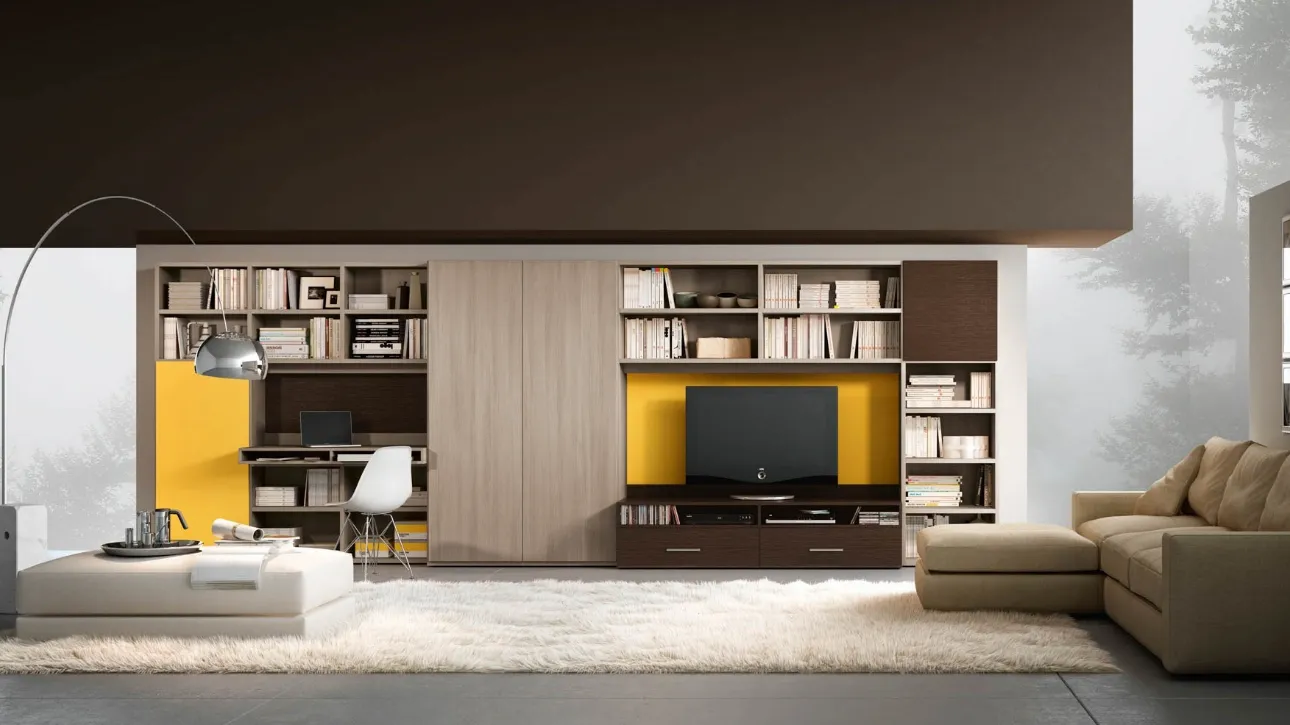 Libreria Living 73D che include una scrivania e un mobile per il televisore di Ferrimobili