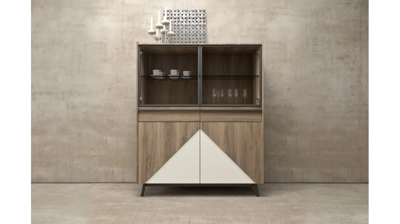 Madia Alta in legno con inserti in laccato bianco opaco e ante superiori in vetro Glamour 10 di Mab