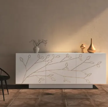 Madia Folium in laccato opaco bianco con decoro floreale semplice color champagne di Fratelli Mirandola