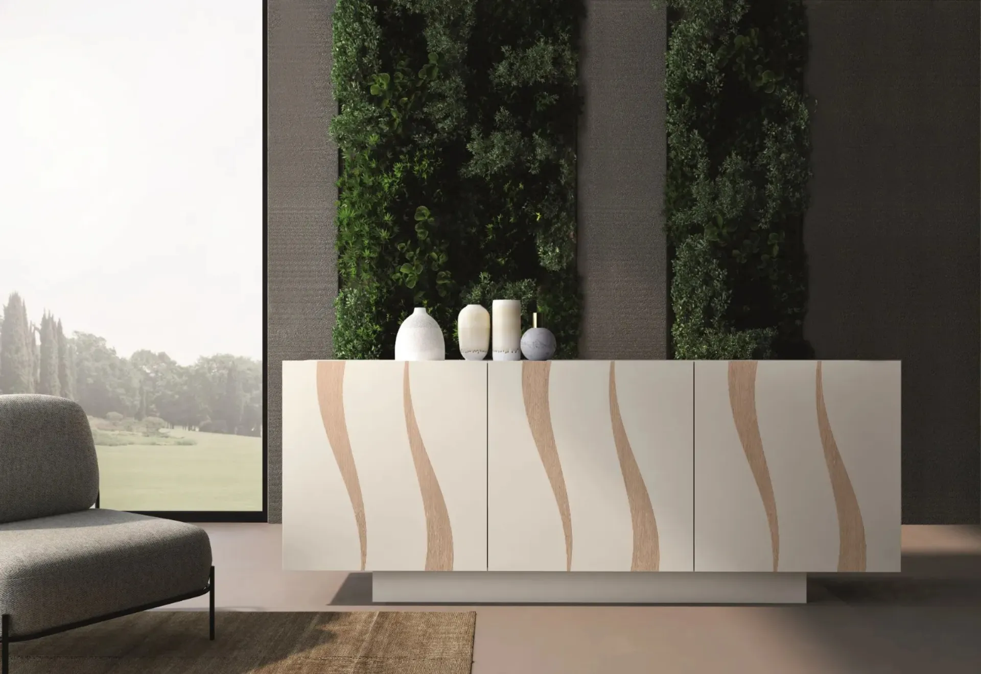 Credenza moderna bianco e rovere con piedi in vetro - Spazio Casa