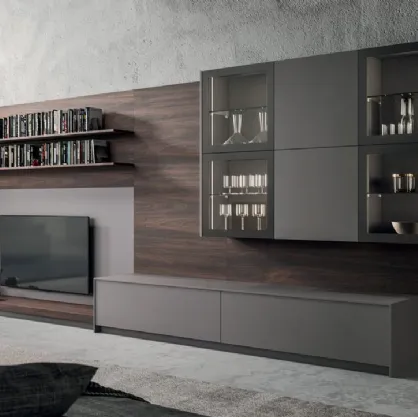 Parete Attrezzata Living T05 in Fenix Grigio Londra e melaminico Noce dark di Gentili Cucine