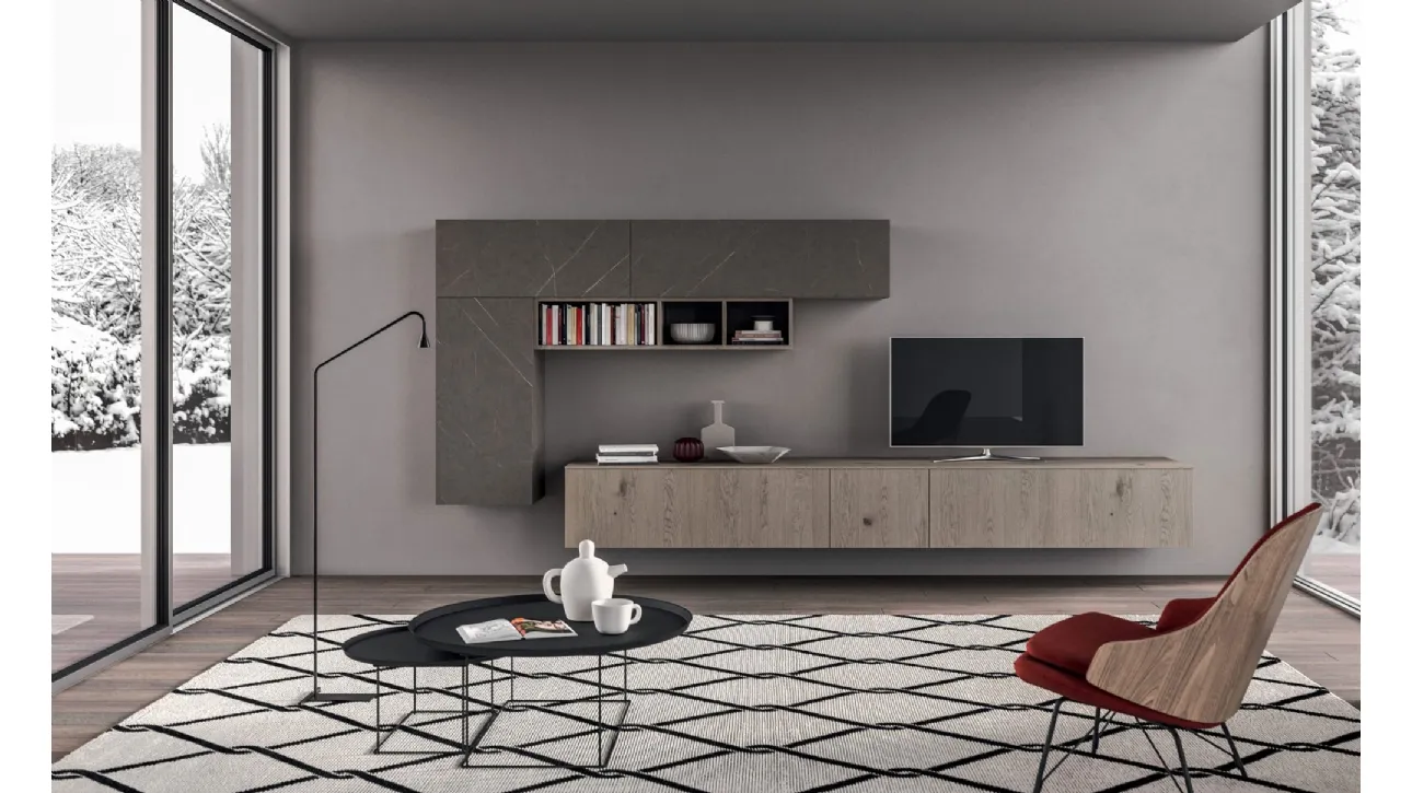 Parete Attrezzata sospesa Living T09 in Rovere e laminato HPL di Gentili Cucine