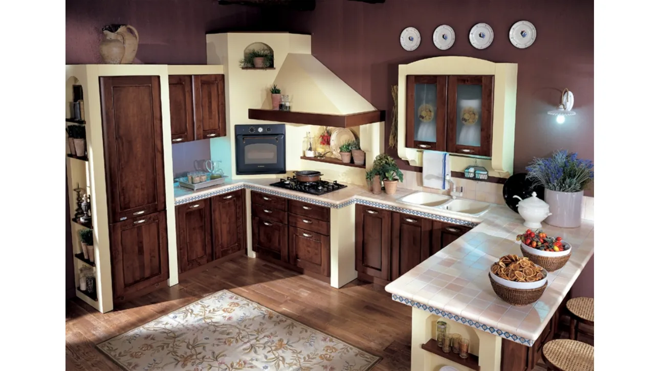 Cucina Classica angolare con penisola Dacia composizione 01 in legno massello di Ontano tinto Noce di Di Iorio