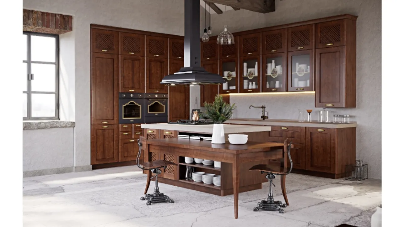 Cucina Classica con isola Dacia composizione 04 in legno massello di Ontano tinto Noce di Di Iorio