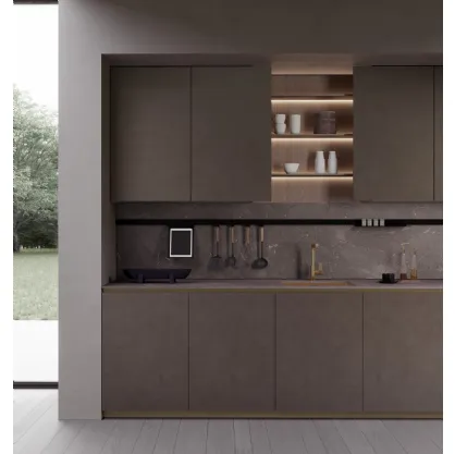 Cucina Design con anta in alluminio laccato Dust Bronze e piano in MDI T80 Bronze di Zecchinon Cucine