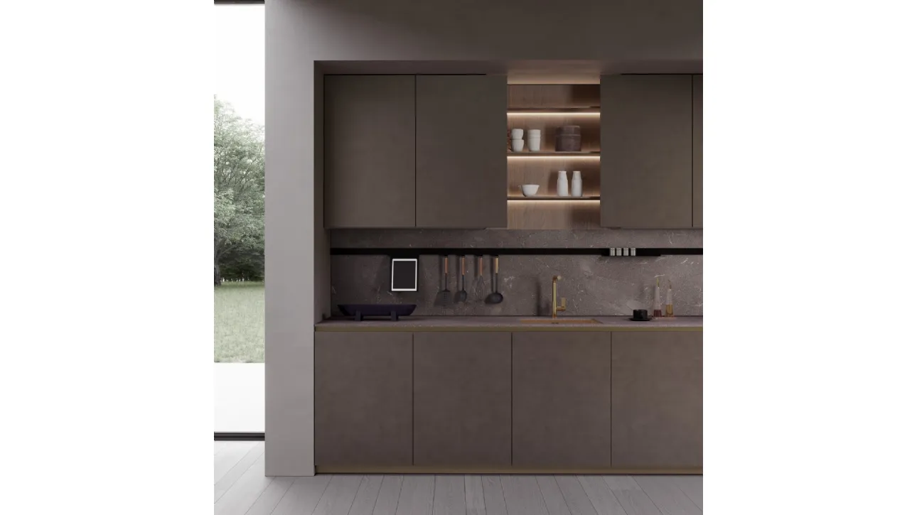 Cucina Design con anta in alluminio laccato Dust Bronze e piano in MDI T80 Bronze di Zecchinon Cucine