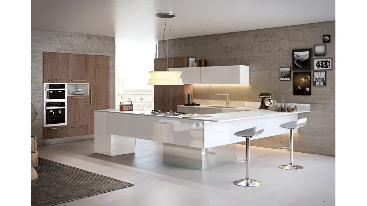 Cucina Moderna con penisola Brezza composizione 09 in polimerico e vetro di Di Iorio