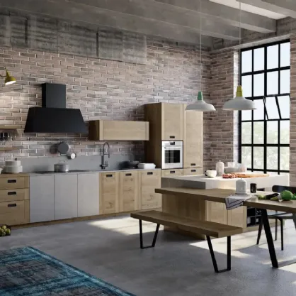 Cucina Moderna lineare Convivium 02 in legno di rovere con elemento in finitura cemento di Fratelli Mirandola