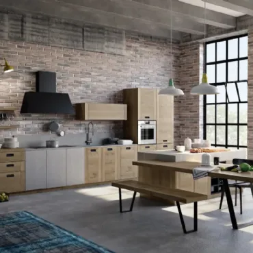 Cucina Moderna lineare Convivium 02 in legno di rovere con elemento in finitura cemento di Fratelli Mirandola