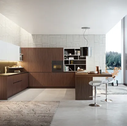 Cucina Moderna angolare con penisola Cuka composizione 03 in legno impiallacciato e laccato opaco di Di Iorio