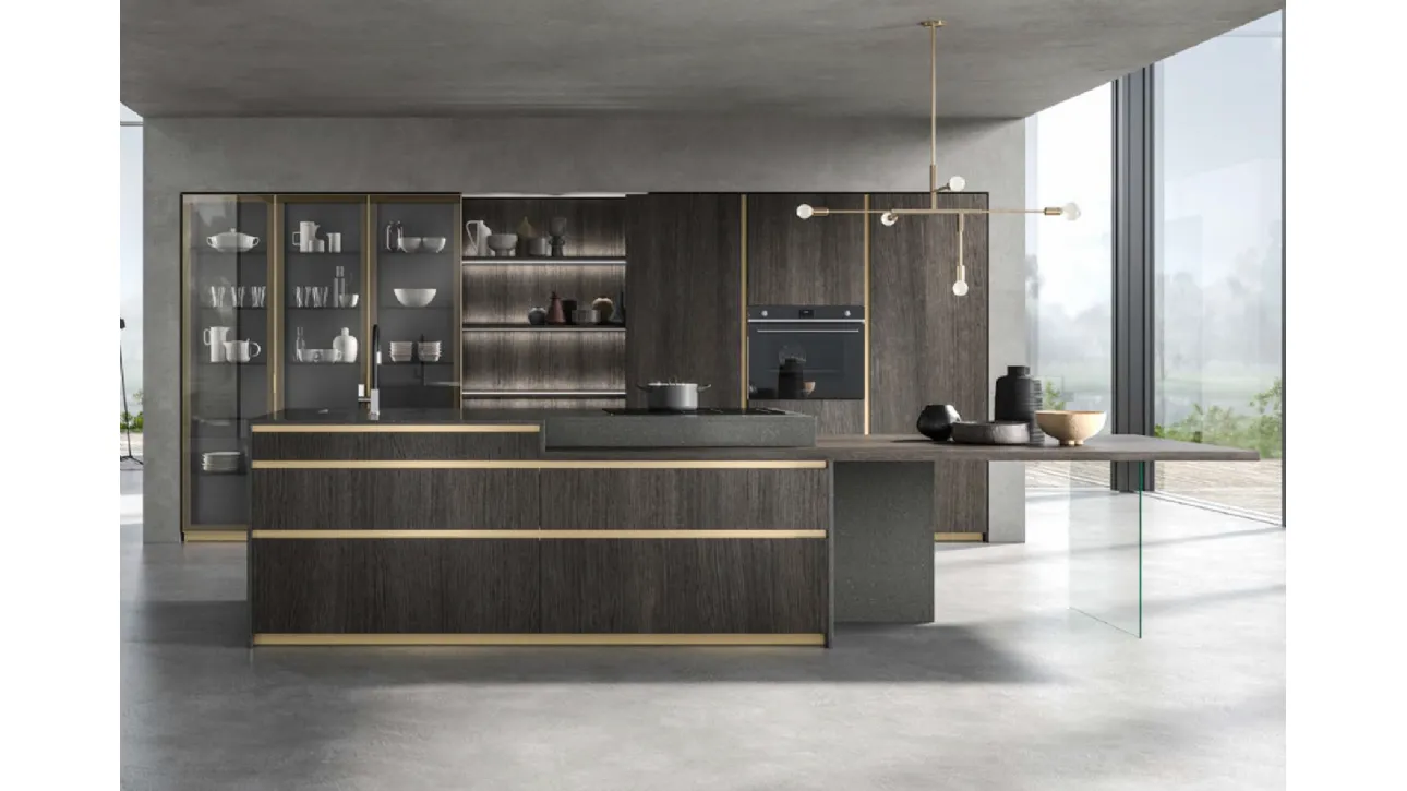 Cucina Moderna con isola Cuka composizione 08 in legno impiallacciato con particolare in laccato effetto metallo di Di Iorio