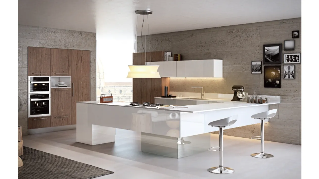 Cucina Moderna con penisola City composizione 03 in vetro di Di Iorio