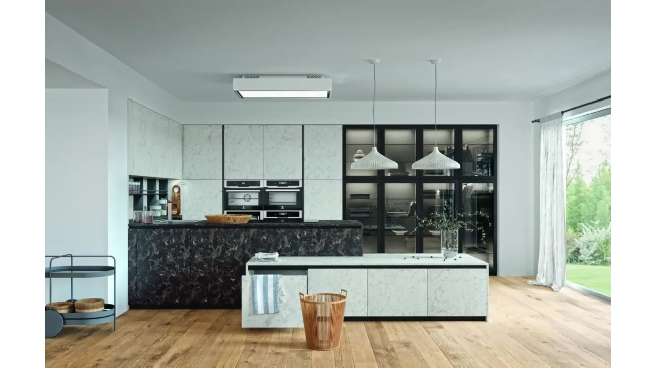 Cucina Moderna con penisola Energy comp 06 in Pietra Bianca e Pietra Nera di Lyons Cucine