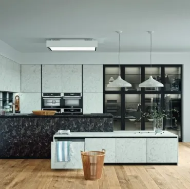 Cucina Moderna con penisola Energy comp 06 in Pietra Bianca e Pietra Nera di Lyons Cucine