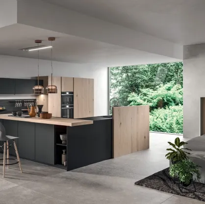 Cucina Moderna con penisola Time 04 in vetro Nero opaco e impiallacciato Rovere nordico nodato di Gentili Cucine