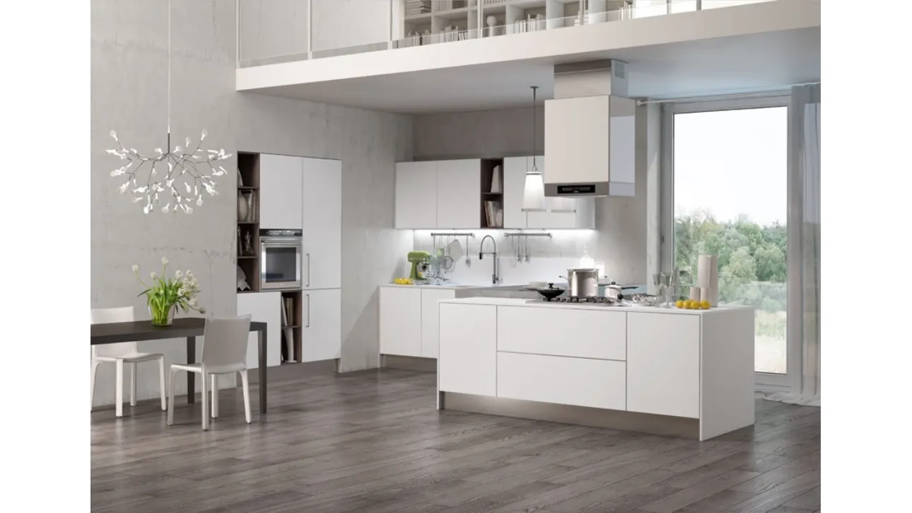 Cucina Moderna con isola Gliss composizione 01 in laminato Bianco di Di Iorio