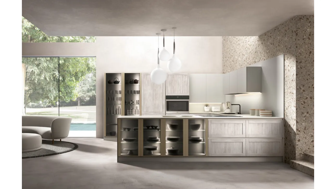 Cucina Moderna con penisola Kira e Sigma comp 08 in finitura Rovere Cenerino di Lyons Cucine