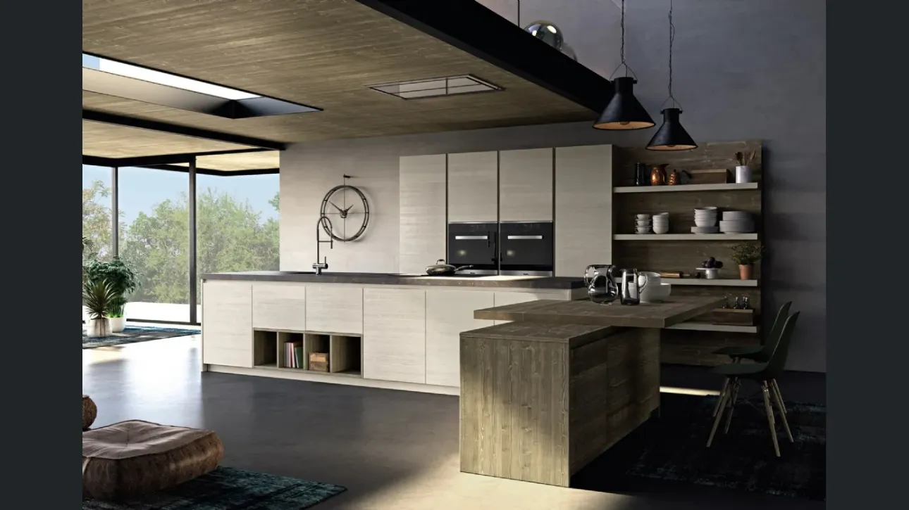 Cucina Moderna in legno di abete grigio con penisola Mood 01 di Fratelli Mirandola