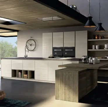 Cucina Moderna in legno di abete grigio con penisola Mood 01 di Fratelli Mirandola