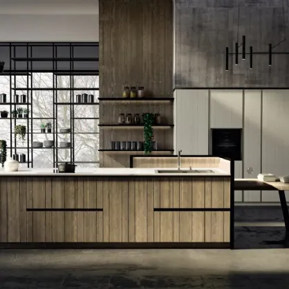 Cucina Moderna lineare con penisola New Step 02 in legno di abete con ante dogate di Fratelli Mirandola