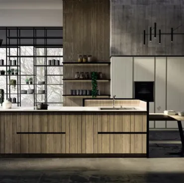Cucina Moderna lineare con penisola New Step 02 in legno di abete con ante dogate di Fratelli Mirandola