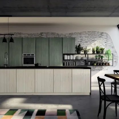 Cucina Moderna lineare New Step 04 con doghe e venature verticali realizzata in abete massello spazzolato a tre strati e laccato opaco liscio di Fratelli Mirandola