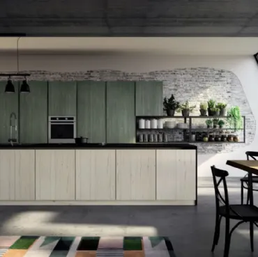 Cucina Moderna lineare New Step 04 con doghe e venature verticali realizzata in abete massello spazzolato a tre strati e laccato opaco liscio di Fratelli Mirandola