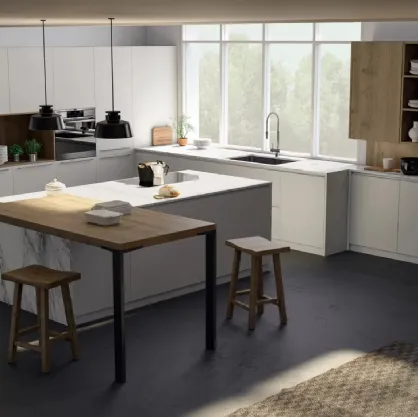 Cucina Moderna angolare con isola e penisola New Time e New Time Gola in legno naturale e laccato bianco di Fratelli Mirandola