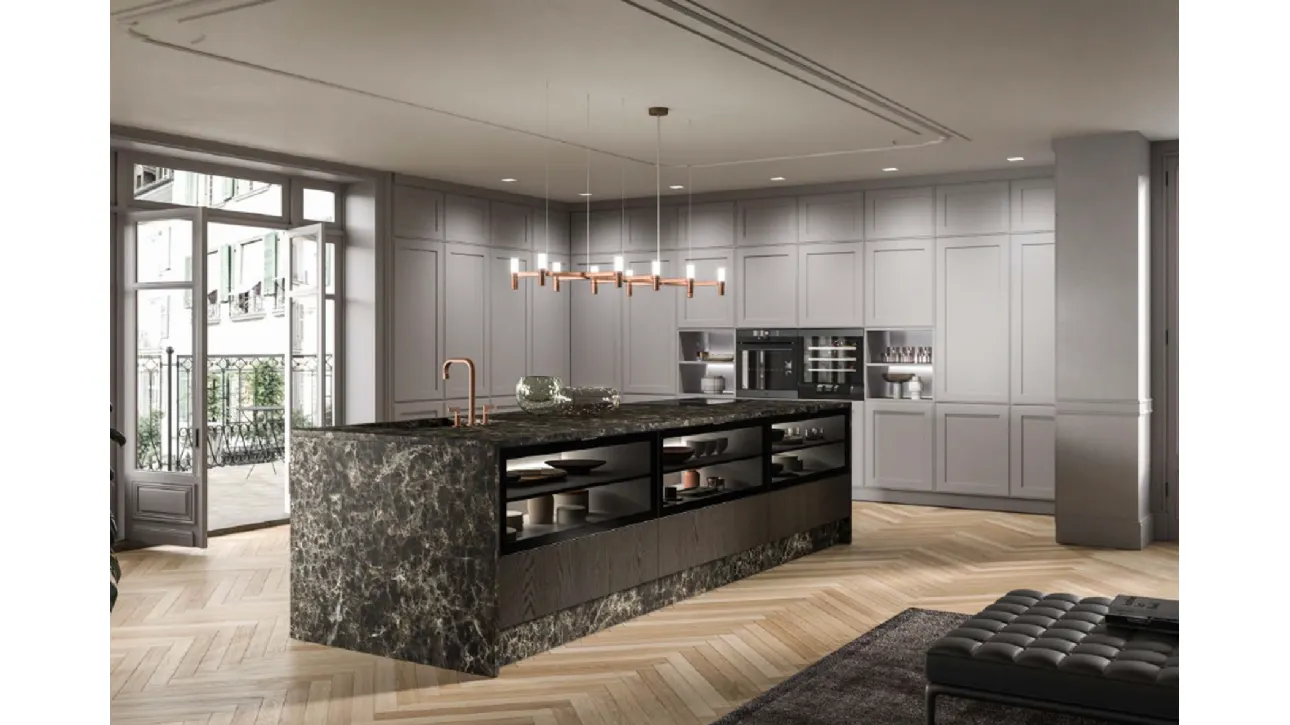 Cucina Moderna in laccato opaco con isola in laminato HPL effetto marmo e legno Oficina di Di Iorio