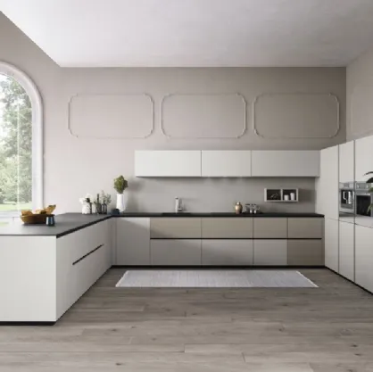 Cucina Moderne con penisola Plana comp 18 in Grigio Perla e Visone opachi di Lyons Cucine