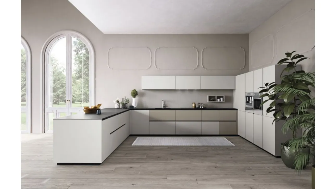 Cucina Moderne con penisola Plana comp 18 in Grigio Perla e Visone opachi di Lyons Cucine