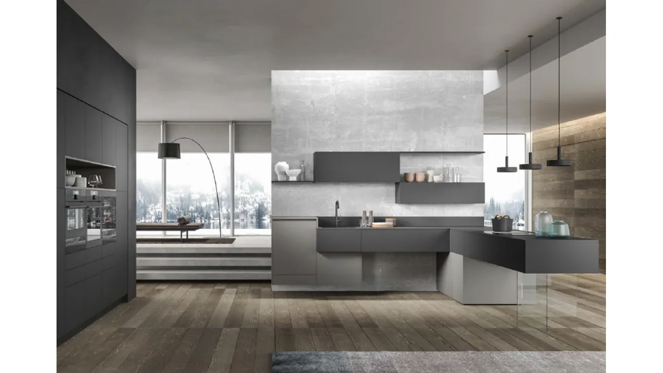 Cucina Moderna con penisola Sound composizione 03 in laccato Grigio e Antracite Di Iorio