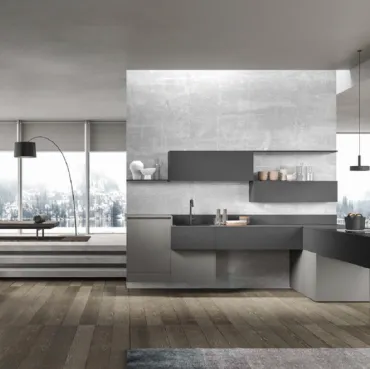 Cucina Moderna con penisola Sound composizione 03 in laccato Grigio e Antracite Di Iorio