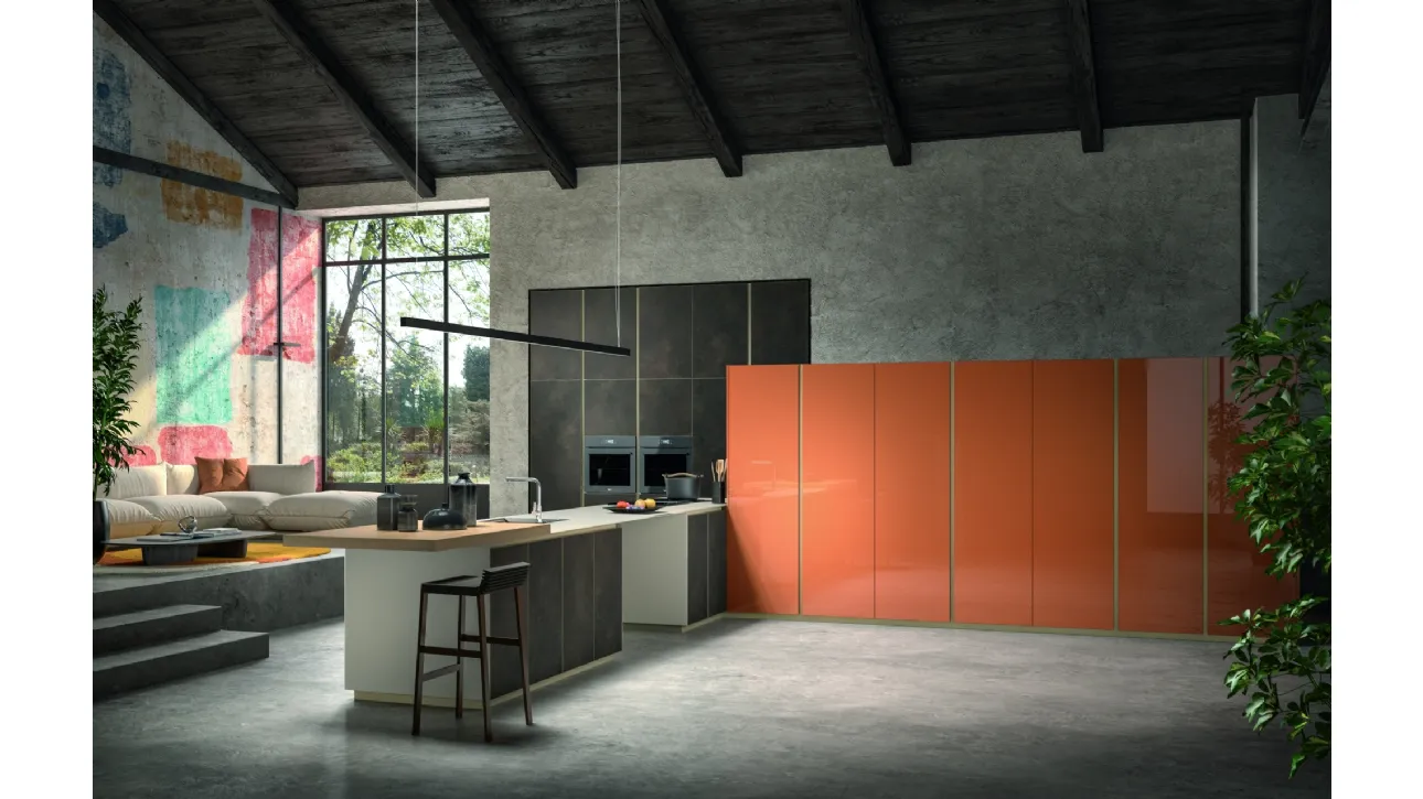 Cucina Moderna Urban Mood in laccato lucido con penisola in Gres Ossido Bruno di Lyons Cucine