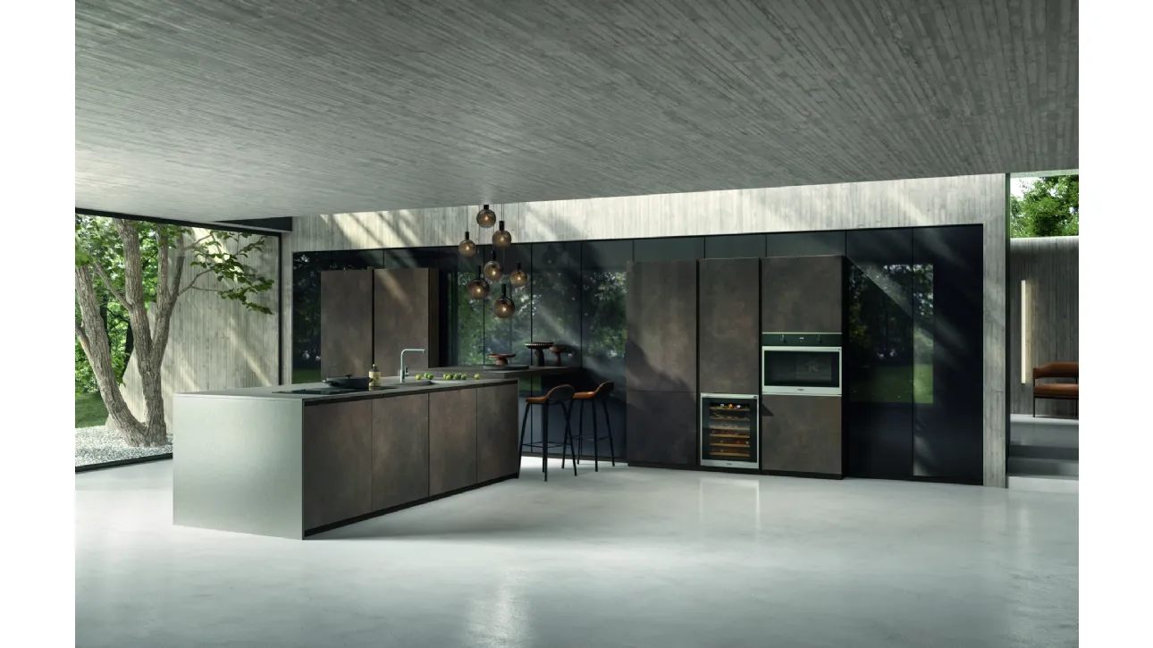 Cucina Moderna in Gres Ossido Bruno con penisola Vertigo Brutalist Mood di Lyons Cucine