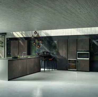 Cucina Moderna in Gres Ossido Bruno con penisola Vertigo Brutalist Mood di Lyons Cucine