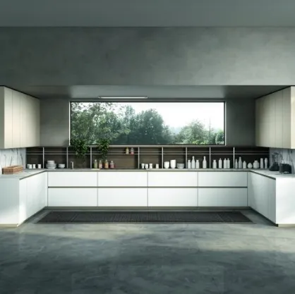 Cucina Moderna angolare in vetro satinato Bianco Vertigo Rationalist Mood di Lyons Cucine