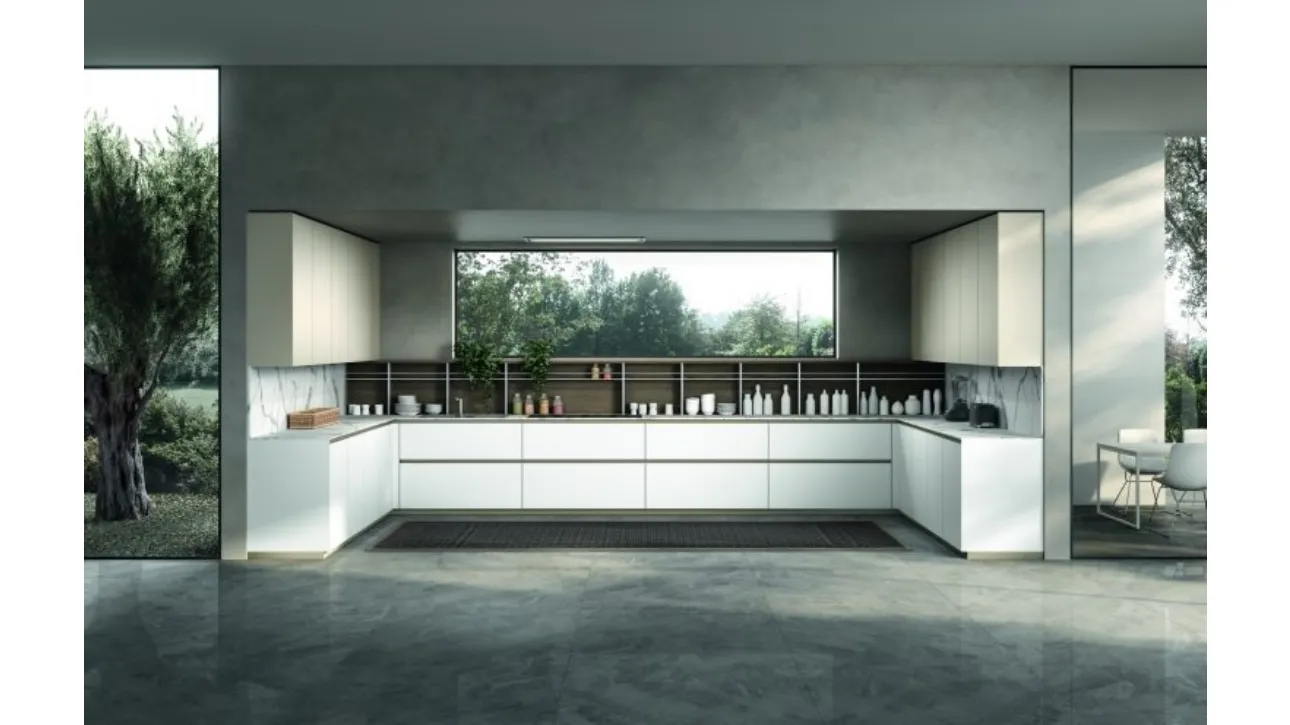 Cucina Moderna angolare in vetro satinato Bianco Vertigo Rationalist Mood di Lyons Cucine