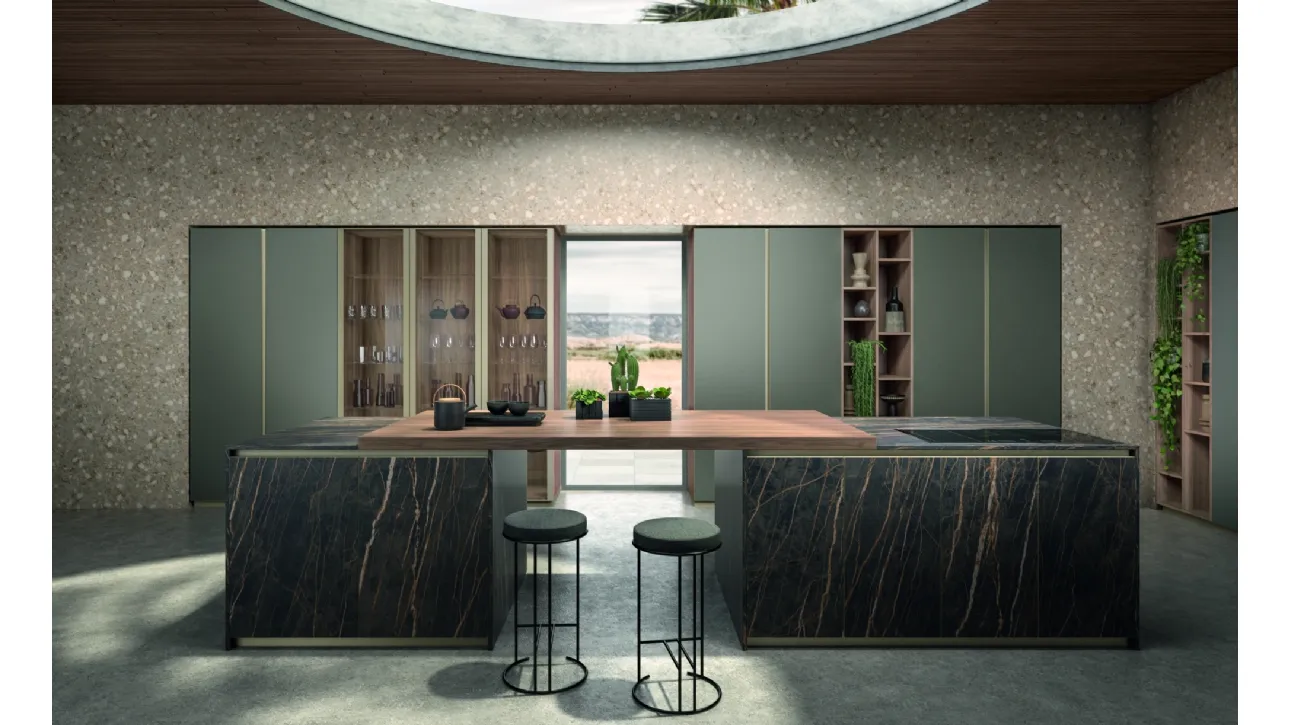 Cucina Moderna in vetro satinato laccato con isola in Gres Noir Desire Vertigo Tropical Mood di Lyons Cucine