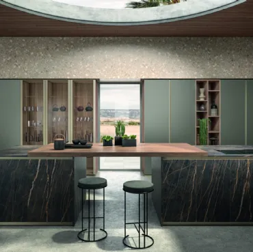 Cucina Moderna in vetro satinato laccato con isola in Gres Noir Desire Vertigo Tropical Mood di Lyons Cucine