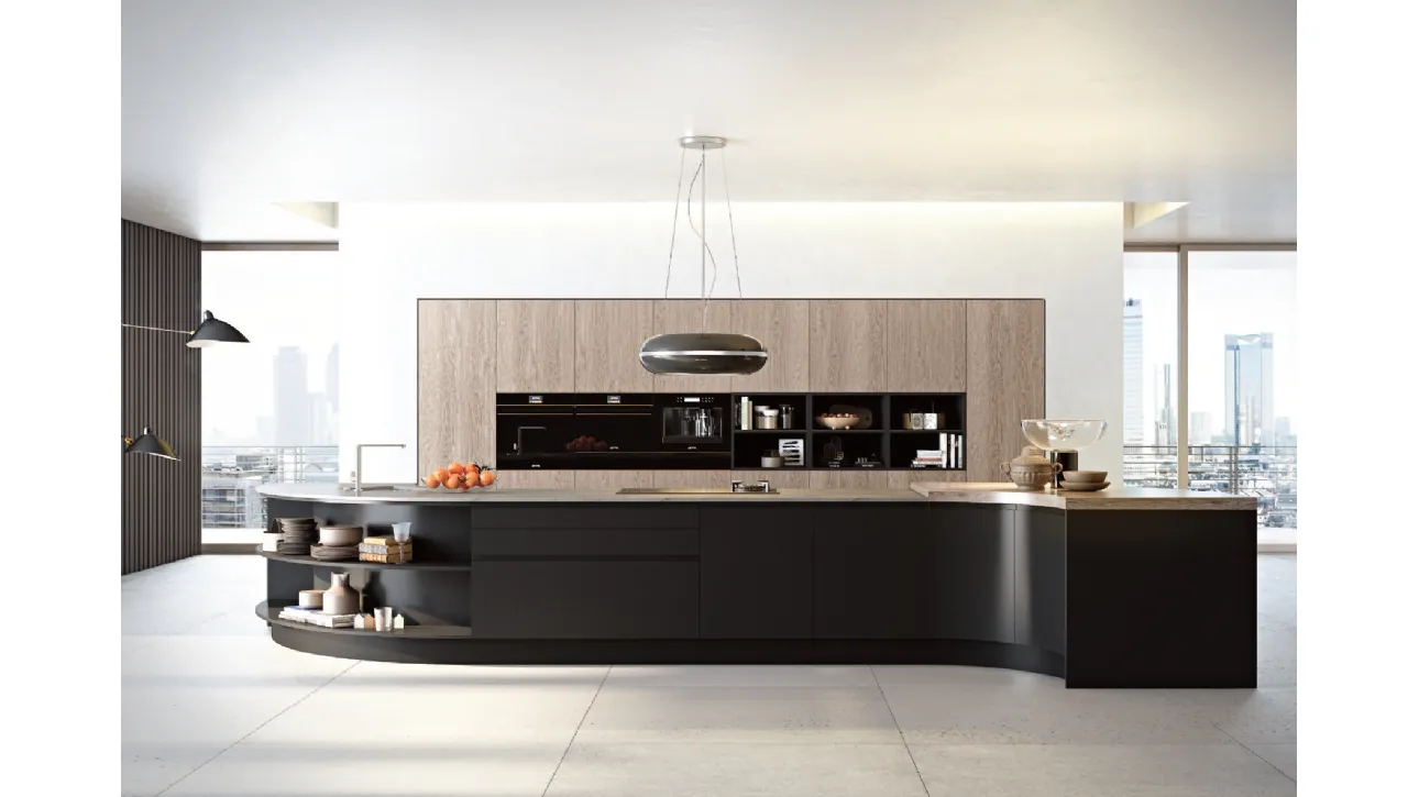 Cucina Moderna con isola Volee composizione 07 in laccato opaco Nero e legno impiallacciato di Di Iorio