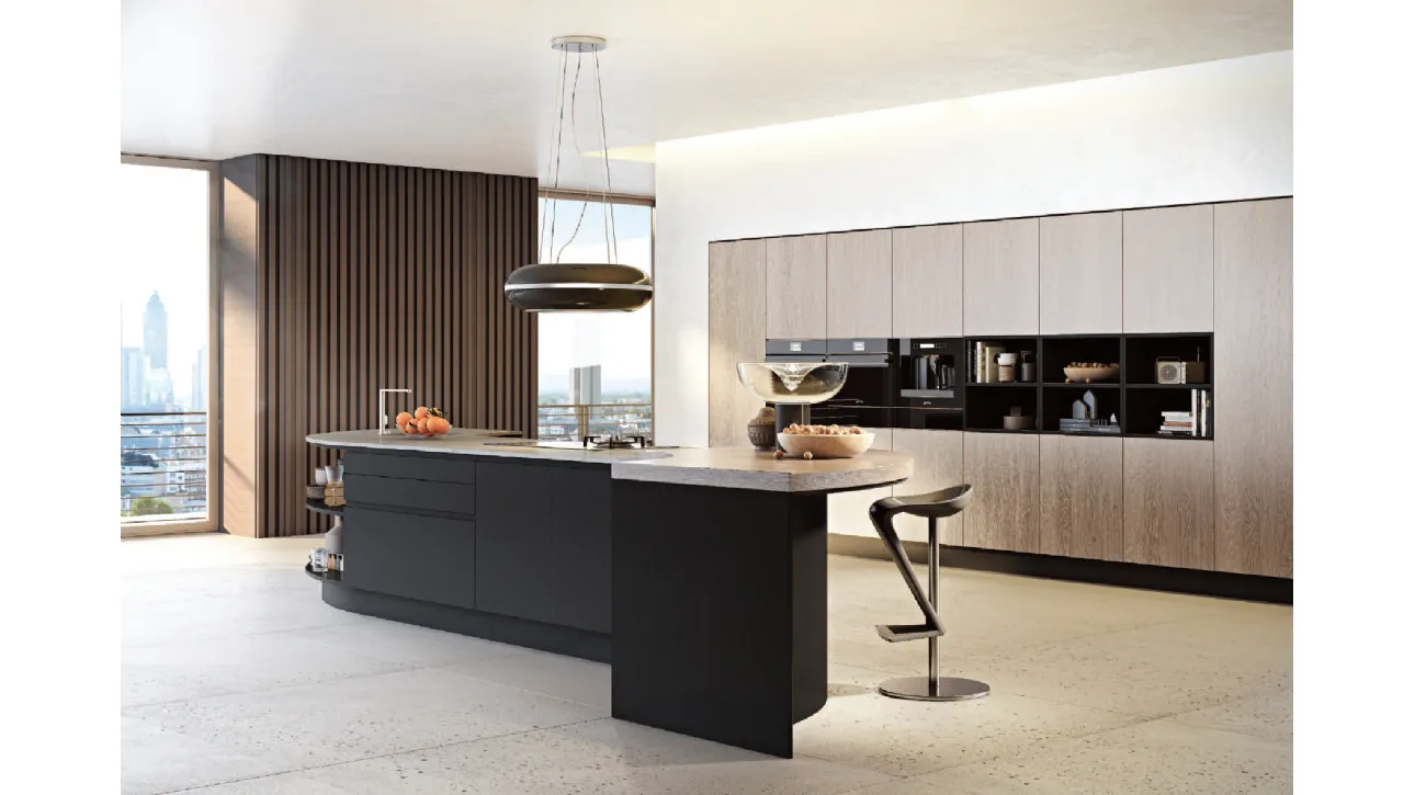 Cucina Moderna con isola Volee composizione 07 in laccato opaco Nero e legno impiallacciato di Di Iorio
