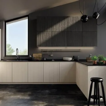Cucina elegante ad angolo in legno di abete spazzolato New Step 03 di Mirandola